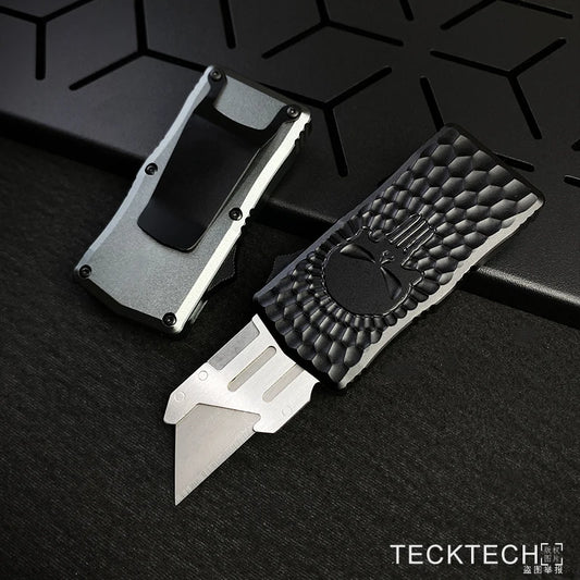 SKULL OTF Utility Knife SK5 Carbon Steel Replaceable Trapezoidal Blade Paper Cutter EDC Cutting Tool Legal Pocket Knife